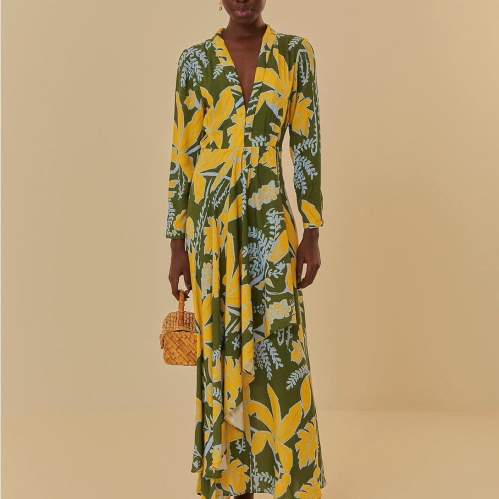 Yellow and Green Plunge Neck Bishop Sleeve Sundress